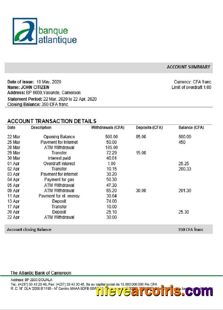 Cameroon Atlantic bank statement, Word and PDF format